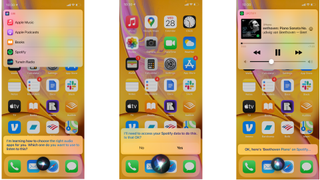 Siri hangi uygulamadan müzik çalmayı tercih ettiğimi soruyor, üçüncü taraf bir uygulama için veri izinleri istiyor ve Siri bir Spotify şarkısı çalıyor