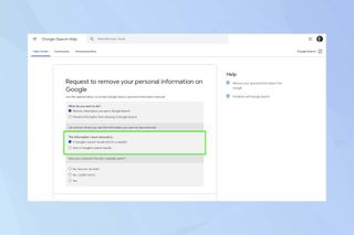 İletişim bilgilerinin Google Arama'dan nasıl kaldırılacağını gösteren Google Arama kaldırma formunu gösteren bir ekran görüntüsü