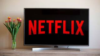 Bir çiçek vazosunun yanındaki TV ekranında Netflix logosu