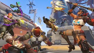 Overwatch 2 beta çapraz oyunu: kahramanlar Moira Winston, Lucio, Zenyatta, Mercy, Hanzo ve Junkerqueen kavgası