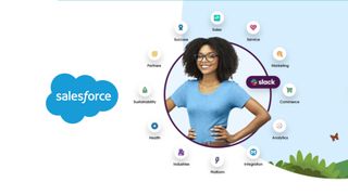 Solda Salesforce logosu bulunan, Salesforce ürün simgeleriyle çevrili kadın