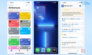 Bir iOS Kısayolunu kullanmanın farklı yollarını gösteren üç ekran görüntüsü
