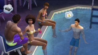 The Sims 4 hileleri - Bir havuz içinde ve çevresinde bir grup sims salonu