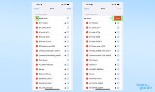 iOS 16'da hatırlanan bir Wi-Fi ağının nasıl kaldırılacağını gösteren iki ekran görüntüsü