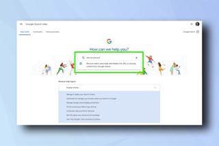 Arama çubuğuna metnin girildiği Google Arama yardım sayfası - iletişim bilgilerinin Google Arama'dan nasıl kaldırılacağını gösterir