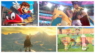 Nintendo Switch oyun seçenekleri: sol üstten saat yönünde: Mario, Pokemon Sword and Shield Champion, Animal Crossing ve The Legend of Zelda: Breath of the Wild