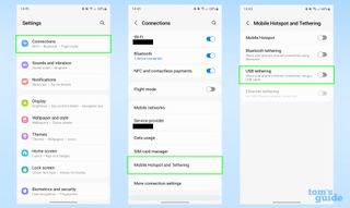 USB tethering seçeneğinin nerede bulunacağını gösteren Android ayarları uygulamasının üç ekran görüntüsü