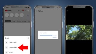 YouTube yükleme işlemini gösteren üç iPhone ekranı