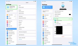 iPadOS ayarlar menüsünden, iCloud ayarlarının nerede bulunacağını gösteren iki ekran görüntüsü