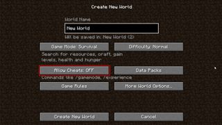 Minecraft hileleri: dünya oluşturmadaki hile düğmesinin bir görüntüsü