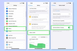 iPhone'da Optimize Edilmiş Pil Şarjını açma adımlarını gösteren ekran görüntüleri