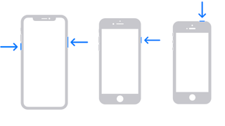Kapatmak için basmanız gereken düğmeleri gösteren oklarla üç iPhone