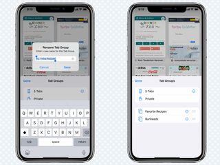 iOS 15'te Safari'de sekme grubu adını ve yeniden adlandırılan gruplar ekranını düzenlemek için alanı gösteren ekranlar