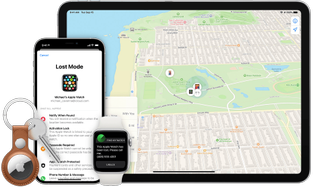 iPad, iPhone, Apple Watch ve AirTag'i gösteren bir grafik ve Find My uygulamasını kullanarak konumlarını gösteren bir harita