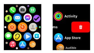 watchOS'ta uygulamalar ekranını gösteren ekran görüntüleri