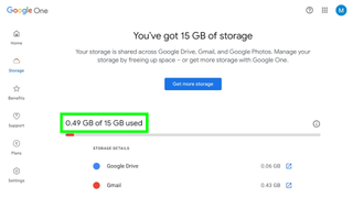Google depolama kullanımı nasıl kontrol edilir - Google'ın hesap yönetimi sayfasının, ne kadar hesap depolama alanı kullanıldığını gösteren bir ekran görüntüsü