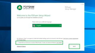 PDF dosyaları nasıl birleştirilir adım 4: Dili seçin, PDFsam Enhanced'i yüklemek için seçeneğin işaretini kaldırın ve İleri'ye tıklayın