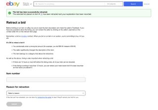eBay "bir teklifi geri çek" onayını gösteren son sayfa