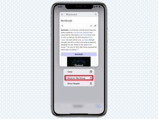 iOS 15'te Safari'de kırmızı bir kutu Sekme grubuna taşı seçeneğini vurguluyor