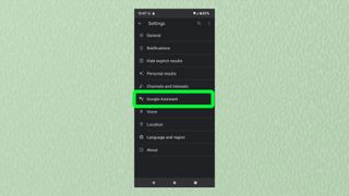 Google Asistan'ın vurgulandığı Google Ayarları menüsünü gösteren Android'den bir ekran görüntüsü