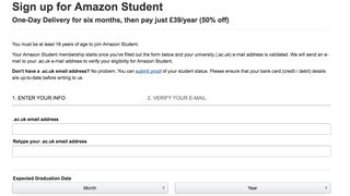 Amazon Prime Student kayıt ekranı