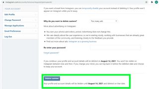 Instagram hesabı nasıl silinir — Instagram'ın Hesap Silme sayfasının ekran görüntüsü