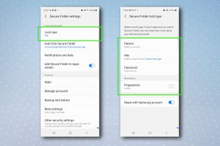 Güvenli Klasör için kilit türünü değiştirmeye yönelik adımların vurgulandığı Samsung Güvenli Klasör ayarları menüsü