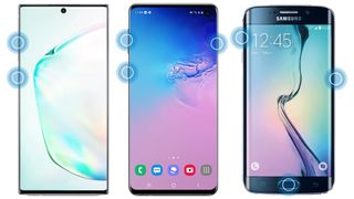 Kurtarma menüsüne erişim düğmelerinin vurgulandığı üç Samsung telefon