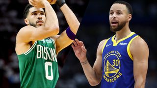 Boston Celtics'ten NBA basketbolcuları Jayson Tatum ve Golden State Warriors'tan Steph Curry'nin birleşik görüntüsü