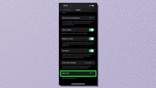 Bir iPhone'daki Dokunmatik menüde Geri Dokunma seçeneğinin vurgulandığını gösteren bir ekran görüntüsü