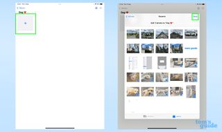 Fotoğrafların bir albüme nasıl yerleştirileceğini gösteren bir iPad'in iki ekran görüntüsü