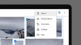 Google Fotoğraflar'da bir albüm oluşturma menüsünü gösteren bir dizüstü bilgisayar ekranı