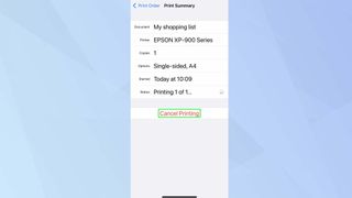 "İptal" vurgulanmış olarak iPhone yazdırma işi listesini gösteren ekran görüntüsü