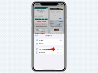 iOS 15'te Safari'de Sekme Grupları menüsündeki üç nokta düğmesini gösteren kırmızı bir ok