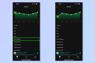 Spotify ekolayzırını iOS ve Android'de kullanmak için gerekli adımları gösteren ekran görüntüleri