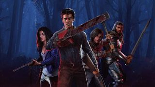 Evil Dead: The Game karakterleri - Ash ve arkadaşları ormanda silah sallıyor