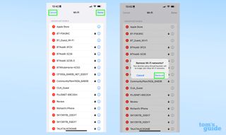 Hatırlanan Wi-Fi ağlarının kaldırılmasının nasıl iptal edileceğini veya onaylanacağını gösteren iOS 16 ayarlar menüsünün iki ekran görüntüsü