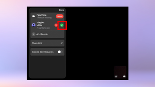 Bir FaceTime kullanıcısının iPad'de başka bir kullanıcının görüşmeye katılmasına izin vermesini gösteren ekran görüntüsü