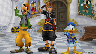 Sora, Donald ve Goofy'nin şatosunda Minnie Mouse'u selamladığı Kingdom Hearts 2 ekran görüntüsü