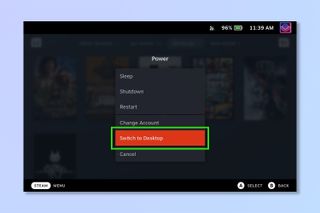 Steam Deck'te masaüstü modunu etkinleştirme adımlarını gösteren ekran görüntüleri