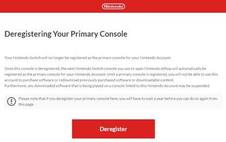 Nintendo web sitesinde birincil Switch'inizin kaydını nasıl sildiğinizi gösteren ekran görüntüsü