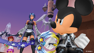 Kingdom Hearts Birth By Sleep Mickey Mouse'un Aqua ve Kiari'yi Unversed'dan koruduğu ekran görüntüsü