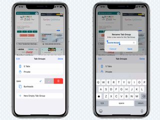 iOS 15'te Safari'de sekme grubu adını kaydırarak ve yeniden adlandırarak düzenleme alanının nasıl bulunacağını gösteren ekranlar