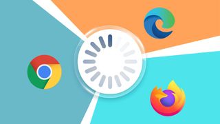 Dönen bir ilerleme dişlisi logosunu çevreleyen Chrome, Edge ve Firefox logoları