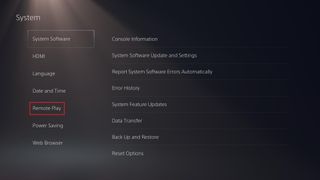 PS5'te uzaktan oynatma nasıl yapılır — Siyah arka planda Uzaktan Oynatma seçeneği