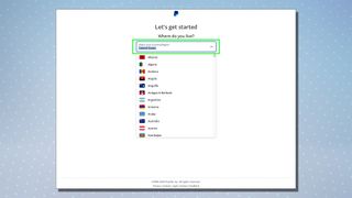PayPal kurulum sürecini gösteren bir ekran görüntüsü.  Bu ekran ülke seçme seçeneklerini gösterir