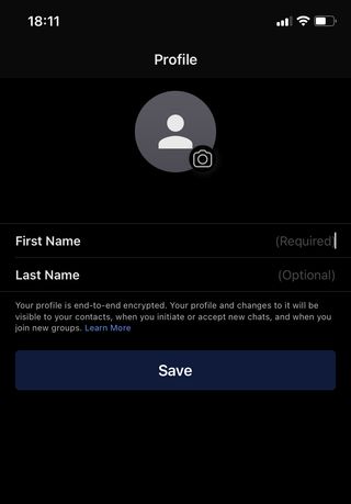 Signal iOS uygulamasındaki profil oluşturma sayfasının ekran görüntüsü.