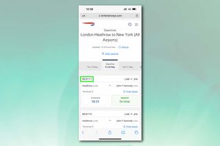 Uçuş numarasının vurgulandığı British Airways web sitesini gösteren bir ekran görüntüsü.  Ekran görüntüsü yeşil bir arka plana karşı ayarlanır.