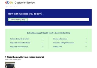"eBay yardımını ara"nın vurgulandığı eBay müşteri hizmetleri sayfası