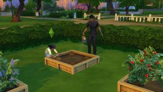 The Sims 4 parası: ebeveynleri arsayı sularken bir çocuk Sim bir payla ilgileniyor